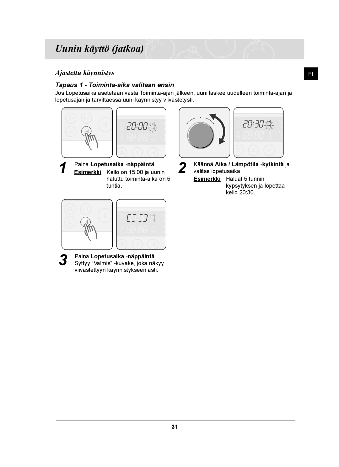 Samsung BT62CDBST/XEE manual Ajastettu käynnistys, Tapaus 1 Toiminta-aika valitaan ensin 