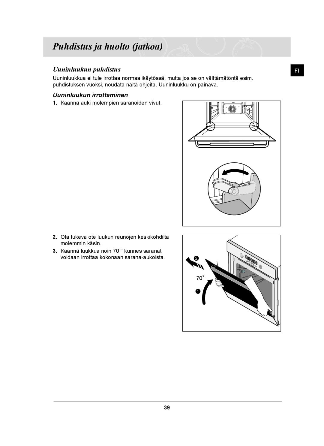 Samsung BT62CDBST/XEE manual Uuninluukun puhdistus, Uuninluukun irrottaminen 