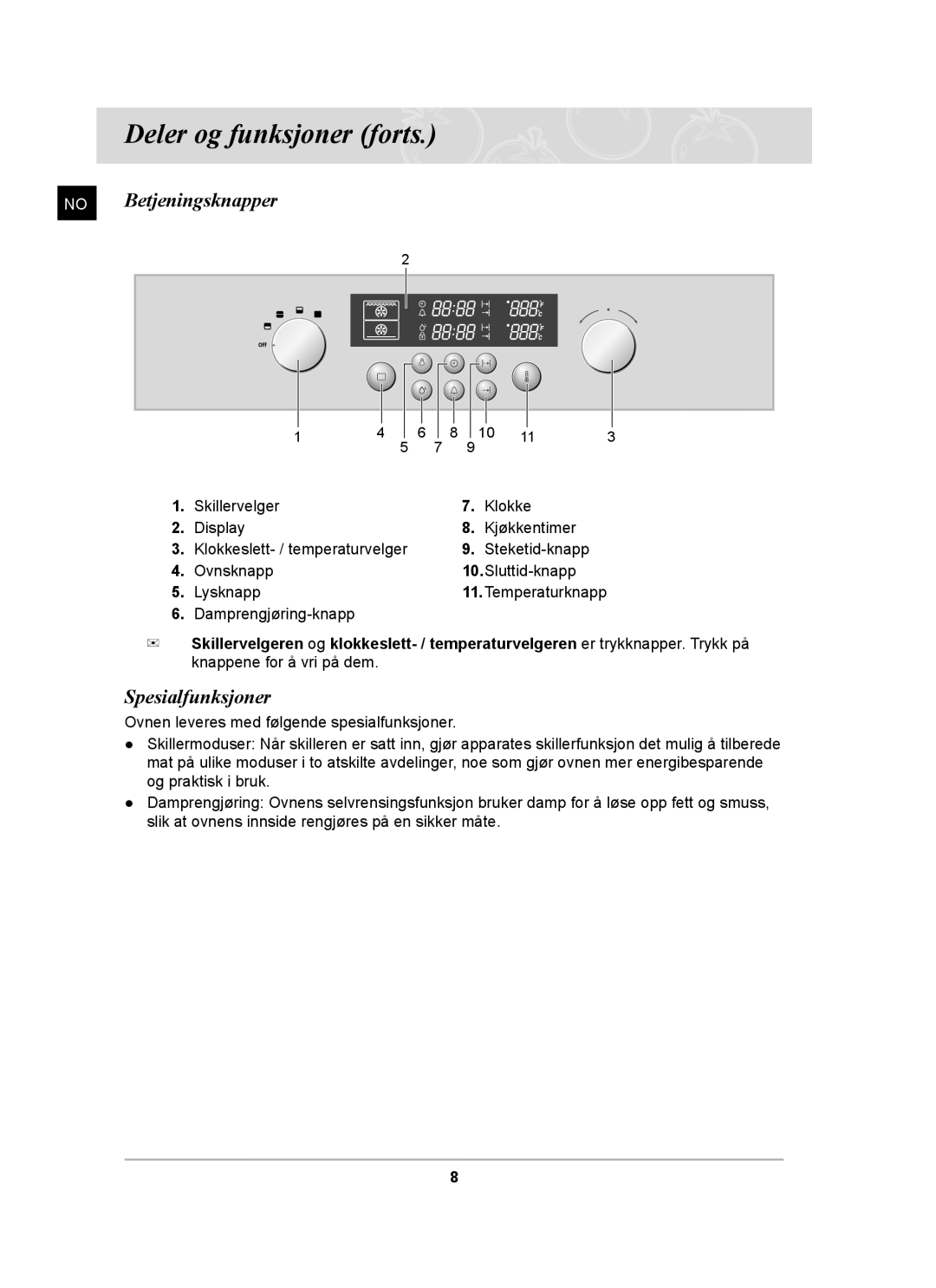 Samsung BT62CDBST/XEE manual Deler og funksjoner forts, No Betjeningsknapper, Spesialfunksjoner 