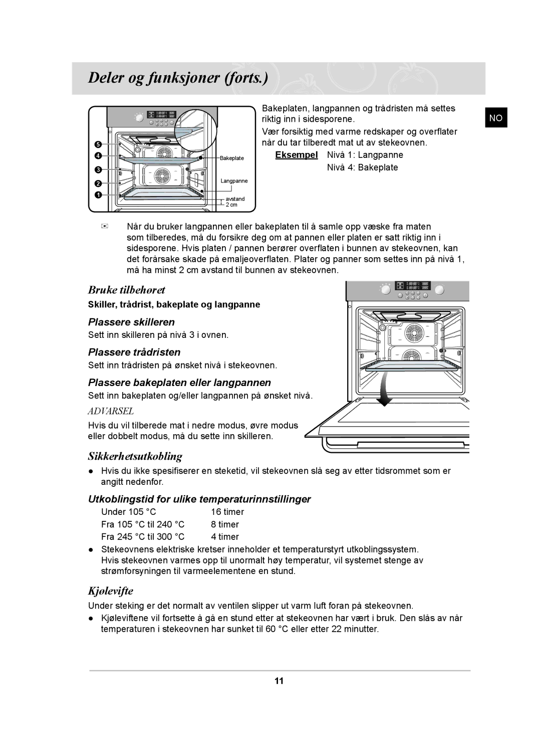 Samsung BT62CDBST/XEE manual Bruke tilbehøret, Sikkerhetsutkobling, Kjølevifte 