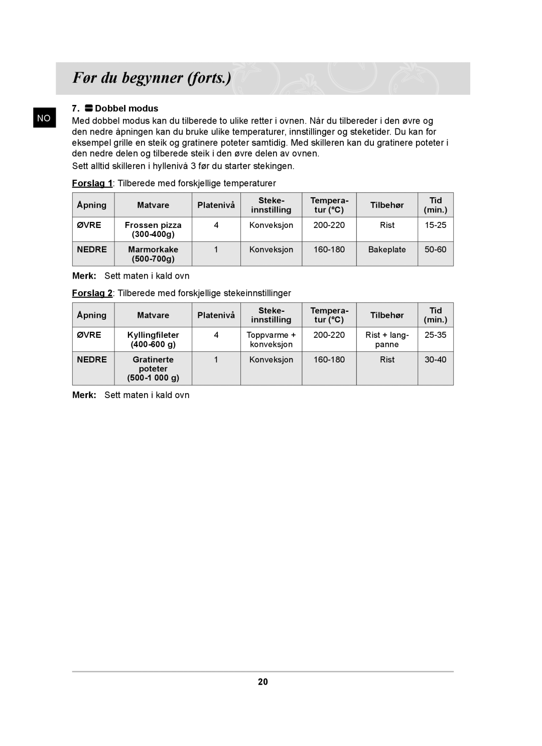 Samsung BT62CDBST/XEE manual Merk Sett maten i kald ovn 