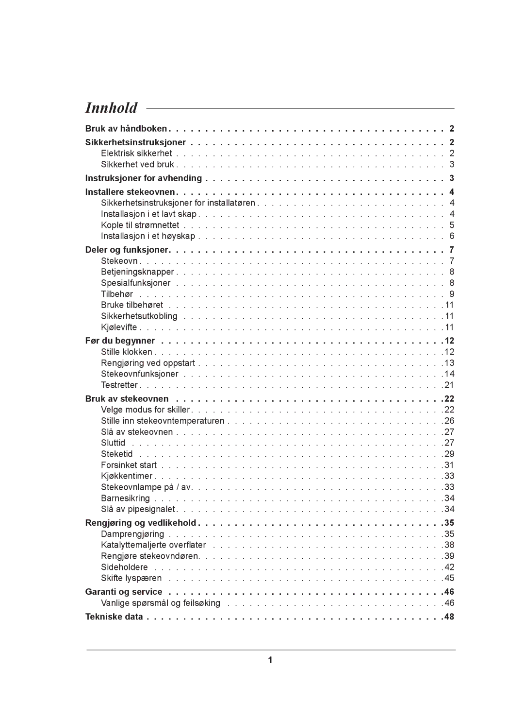 Samsung BT62CDBST/XEE manual Innhold, Bruk av stekeovnen, Rengjøring og vedlikehold, Garanti og service, Tekniske data 