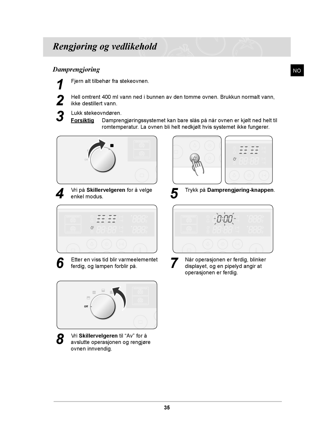 Samsung BT62CDBST/XEE manual Rengjøring og vedlikehold, Damprengjøring 