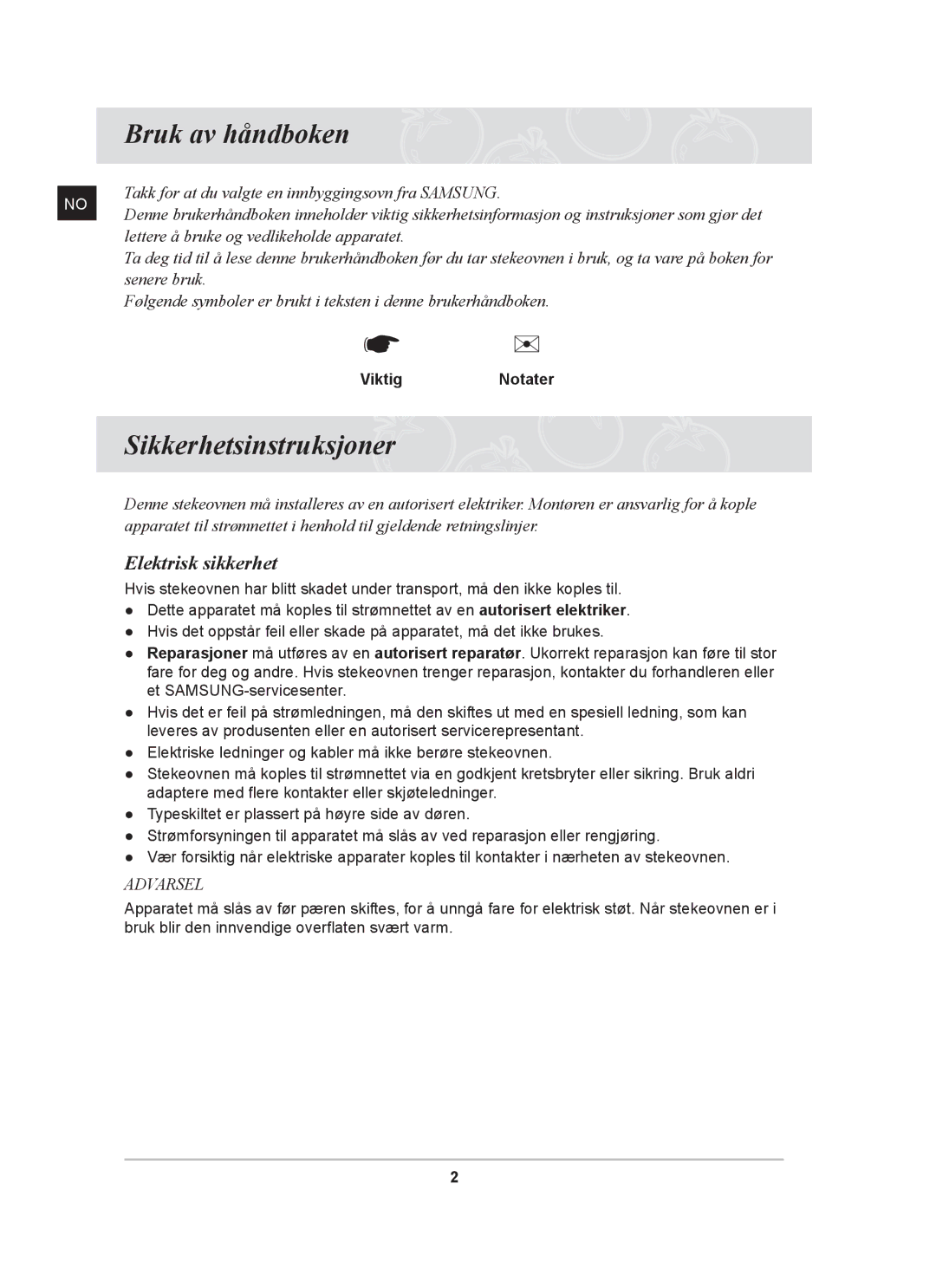 Samsung BT62CDBST/XEE manual Bruk av håndboken, Sikkerhetsinstruksjoner, Elektrisk sikkerhet, ViktigNotater 