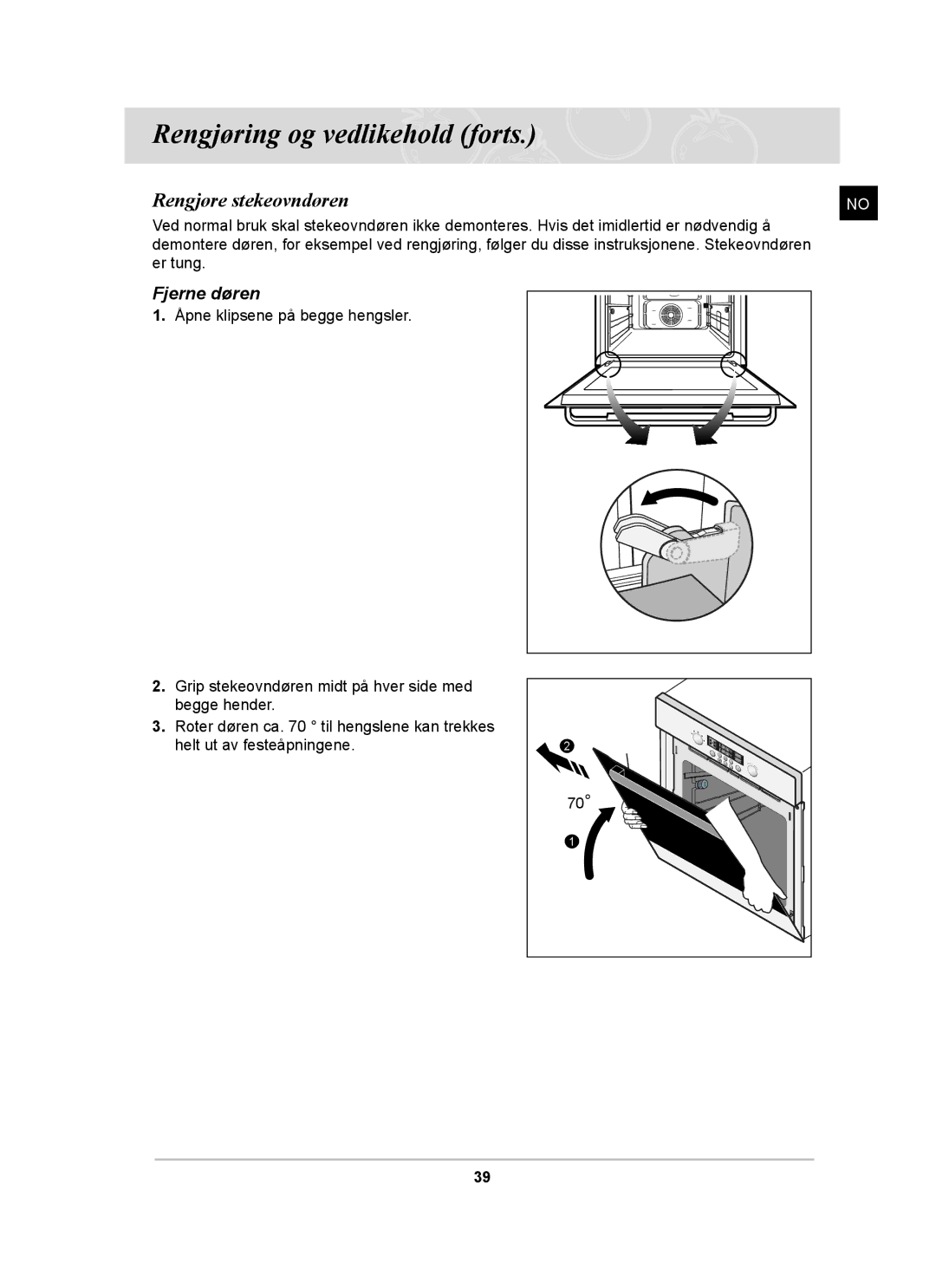 Samsung BT62CDBST/XEE manual Rengjøre stekeovndøren, Fjerne døren 