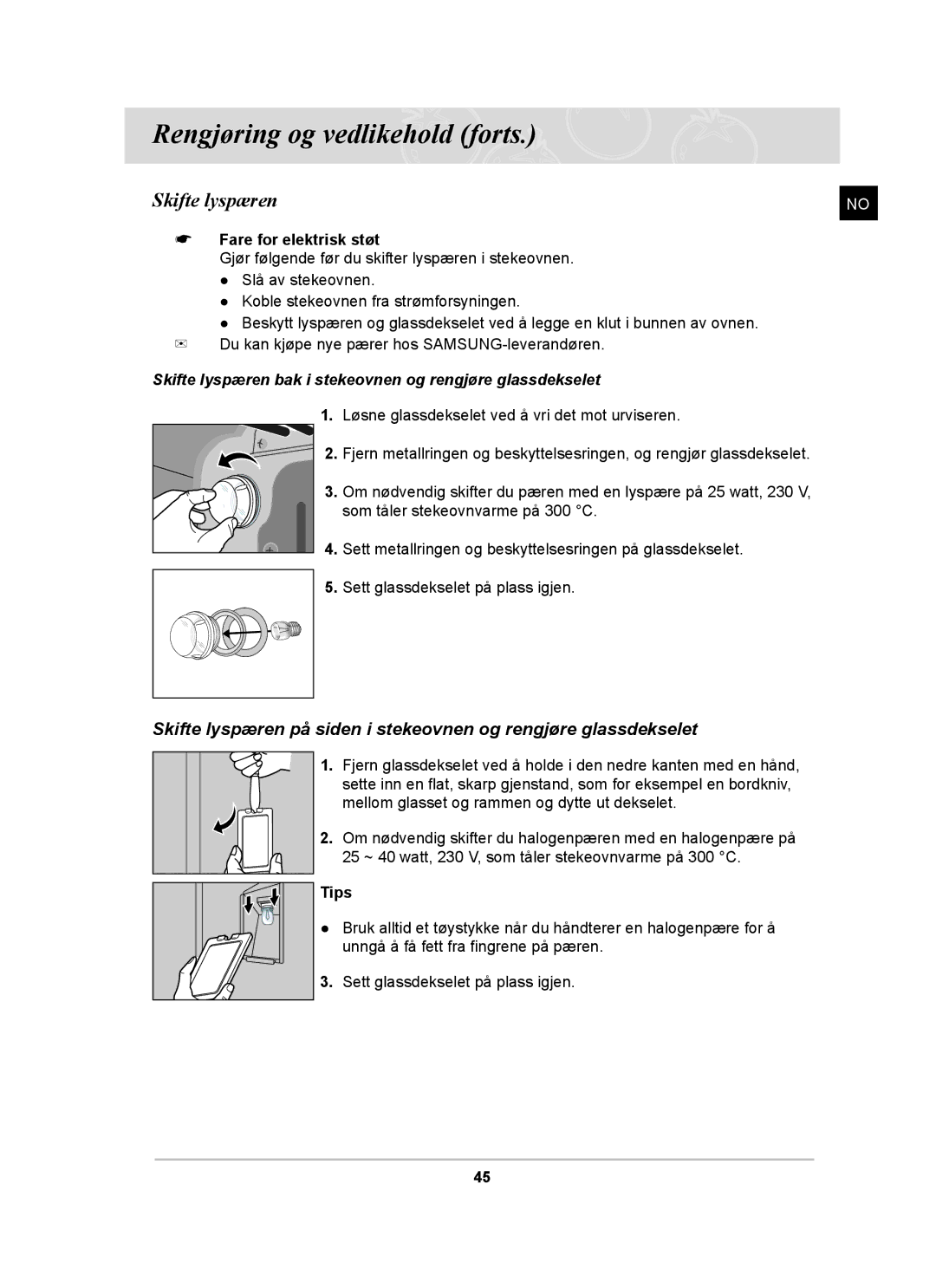 Samsung BT62CDBST/XEE manual Skifte lyspæren, Fare for elektrisk støt 