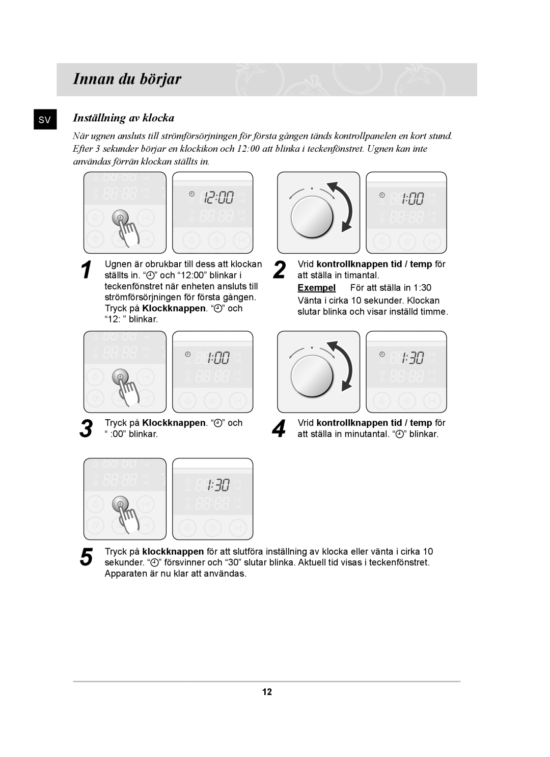 Samsung BT62CDBST/XEE manual Innan du börjar, Inställning av klocka 