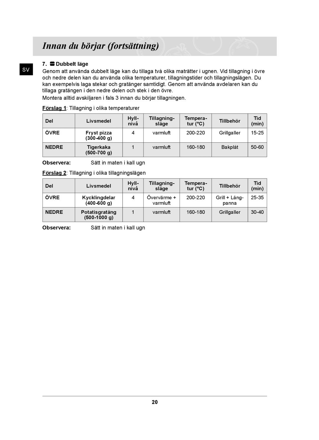 Samsung BT62CDBST/XEE manual Observera Sätt in maten i kall ugn 