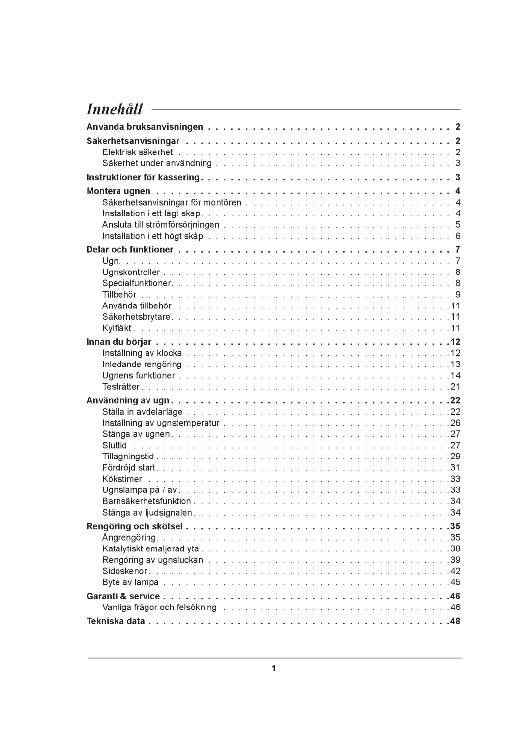 Samsung BT62CDBST/XEE manual Innehåll, Tekniska data 