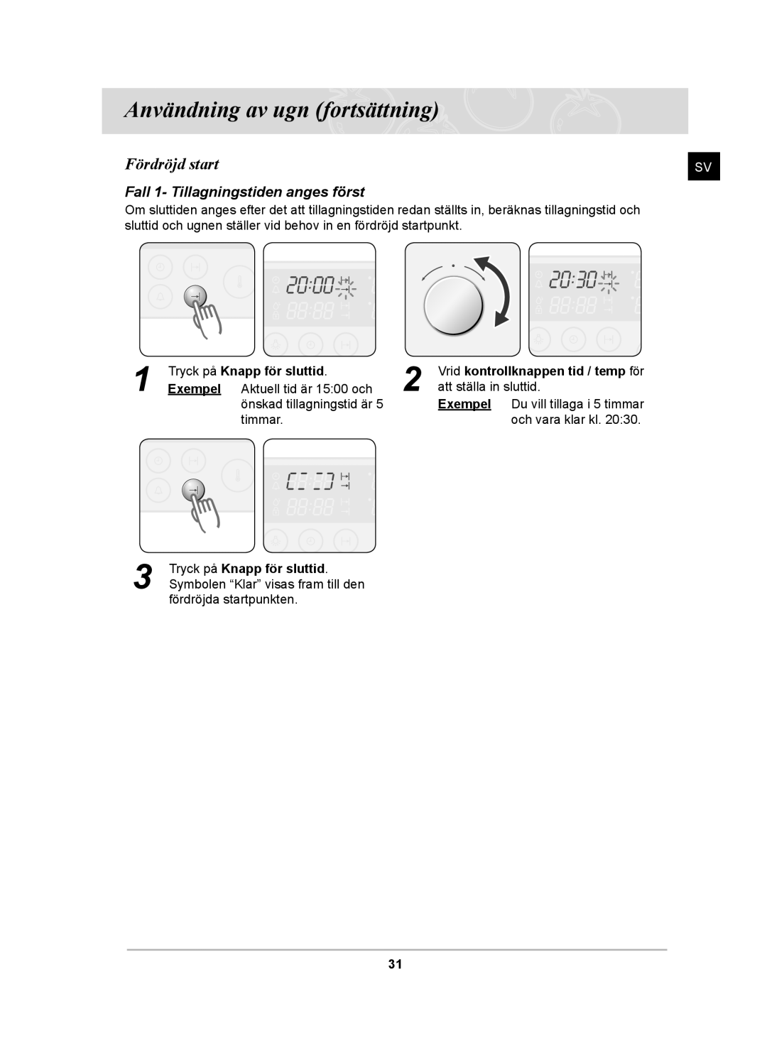 Samsung BT62CDBST/XEE manual Fördröjd start, Fall 1- Tillagningstiden anges först 