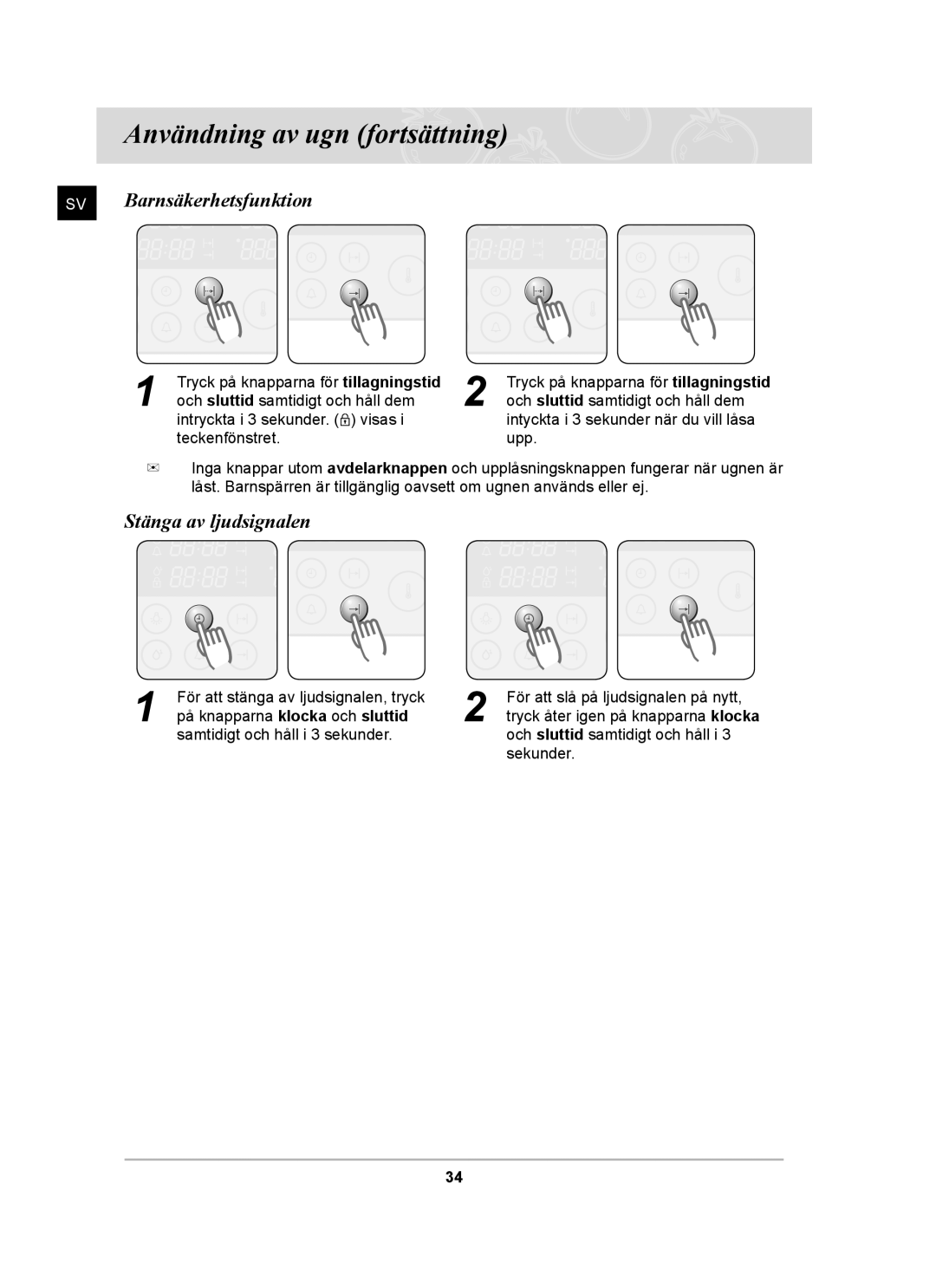 Samsung BT62CDBST/XEE manual SV Barnsäkerhetsfunktion, Stänga av ljudsignalen 