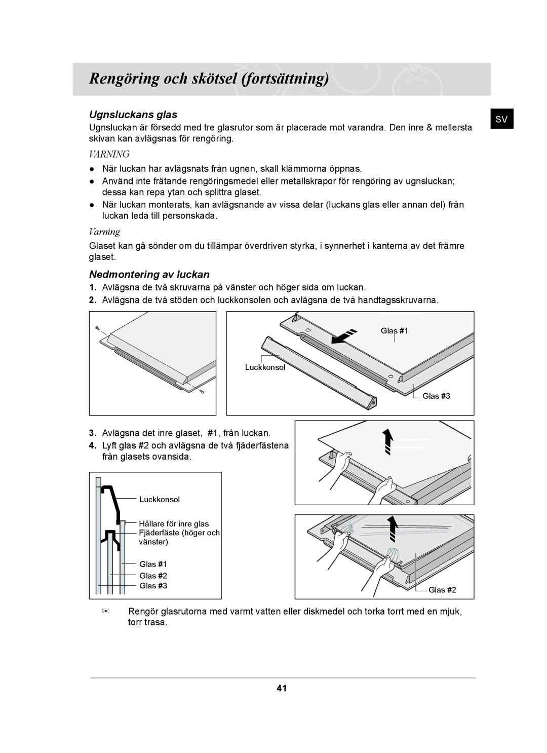 Samsung BT62CDBST/XEE manual Ugnsluckans glas, Nedmontering av luckan 