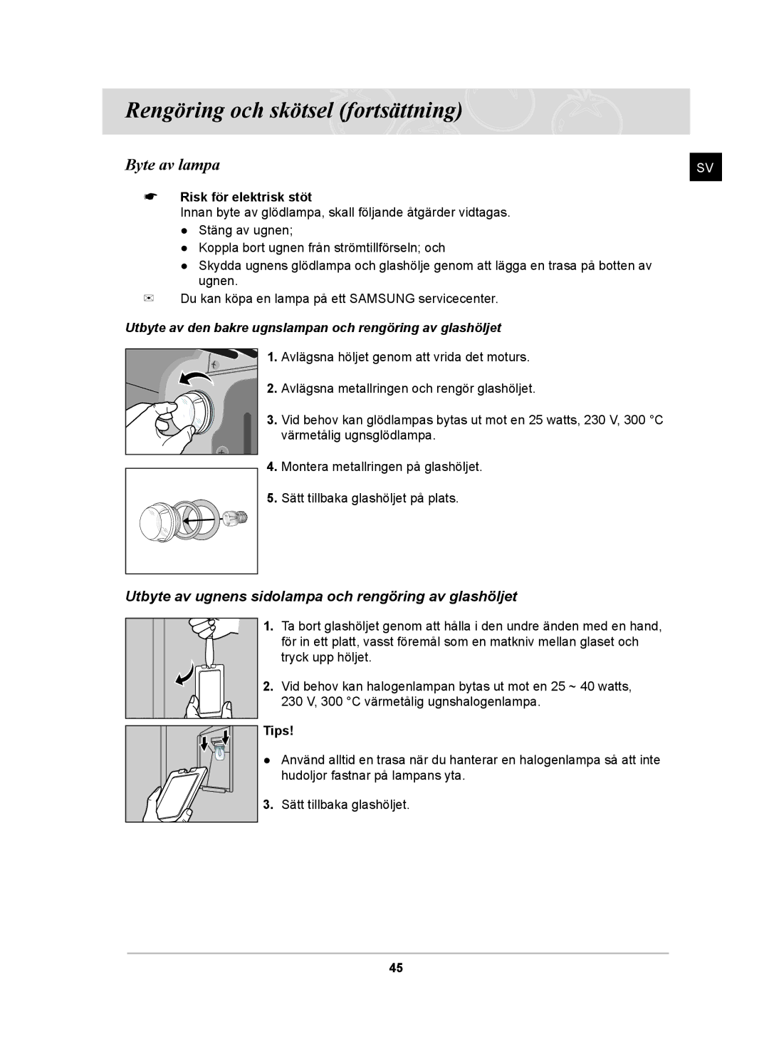 Samsung BT62CDBST/XEE manual Byte av lampa, Utbyte av ugnens sidolampa och rengöring av glashöljet, Risk för elektrisk stöt 