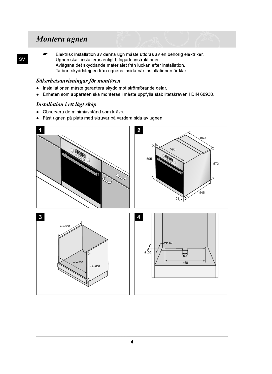 Samsung BT62CDBST/XEE manual Montera ugnen, Säkerhetsanvisningar för montören, Installation i ett lågt skåp 