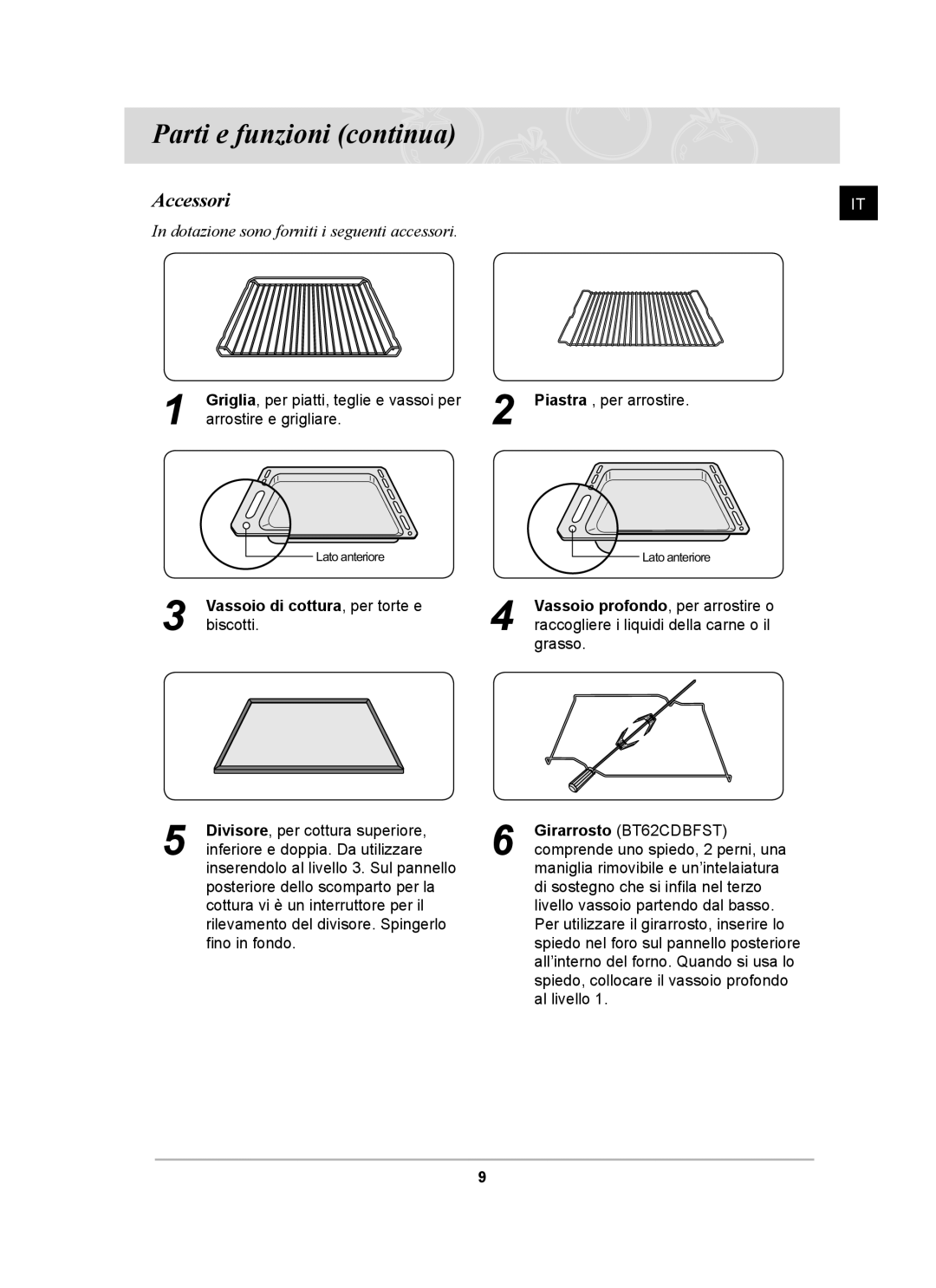 Samsung BT62CDBST/XET manual Parti e funzioni continua, Accessori 