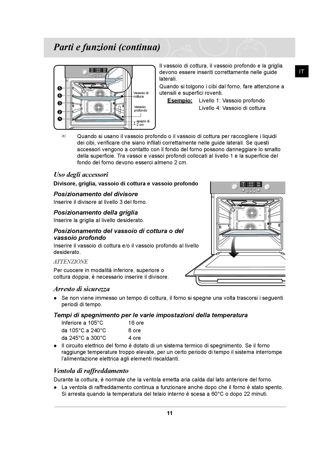 Samsung BT62CDBST/XET Uso degli accessori, Arresto di sicurezza, Ventola di raffreddamento, Posizionamento del divisore 