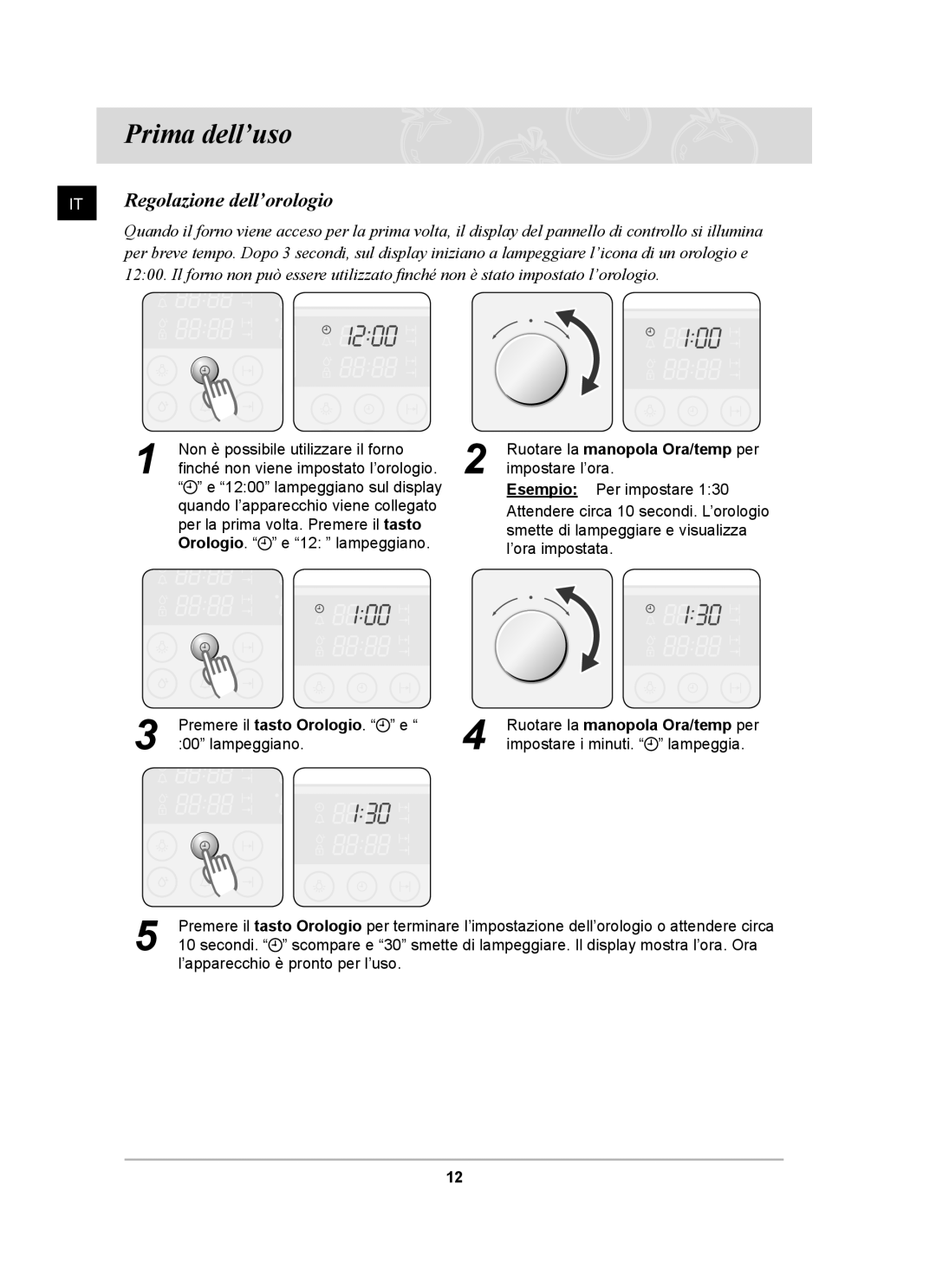 Samsung BT62CDBST/XET manual Prima dell’uso, Regolazione dell’orologio 