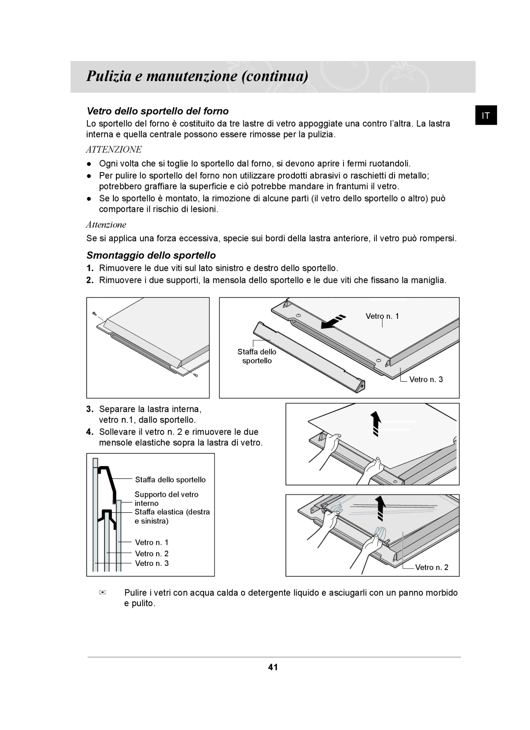 Samsung BT62CDBST/XET manual Vetro dello sportello del forno, Smontaggio dello sportello 