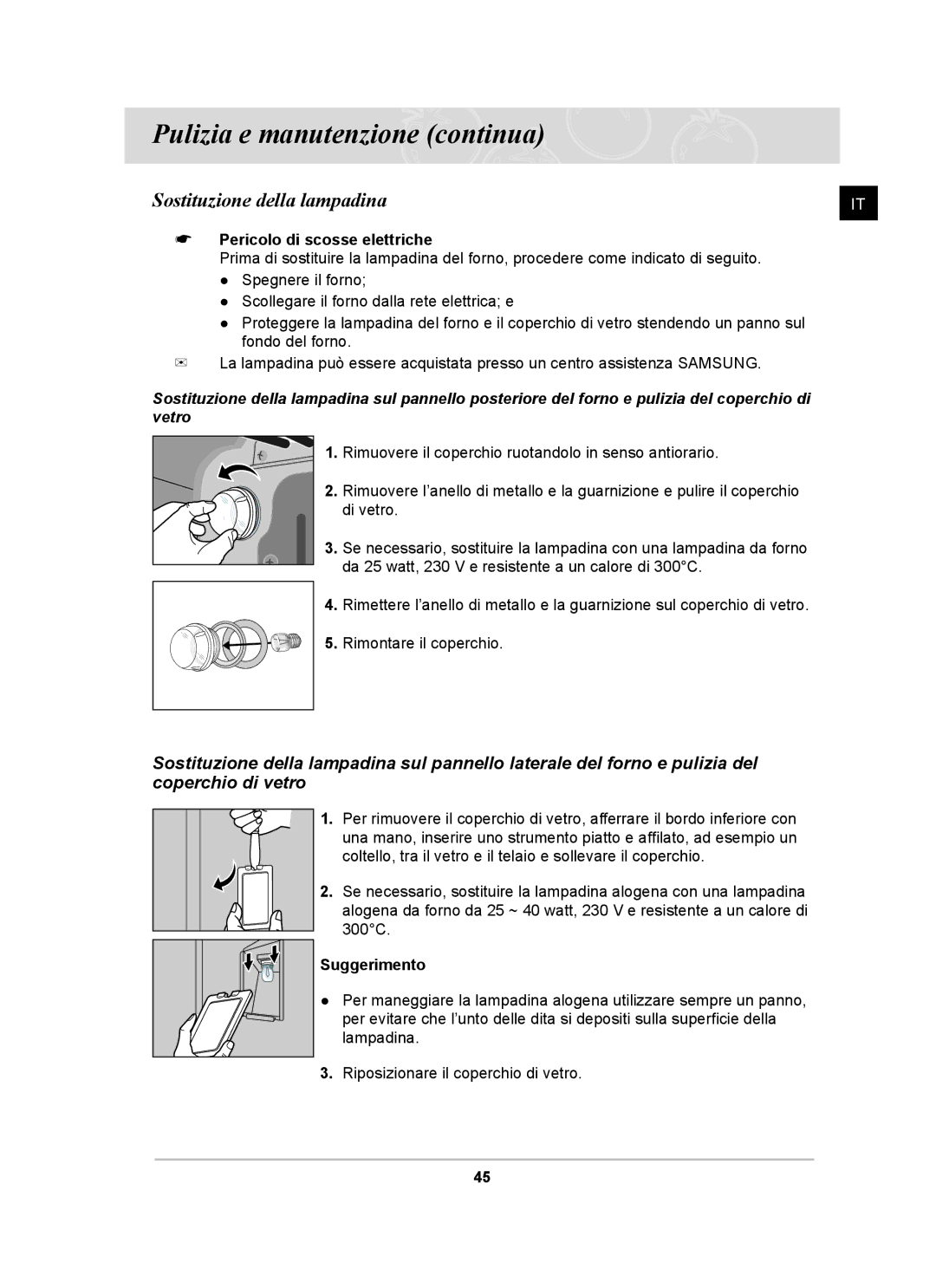 Samsung BT62CDBST/XET manual Sostituzione della lampadina, Pericolo di scosse elettriche, Suggerimento 