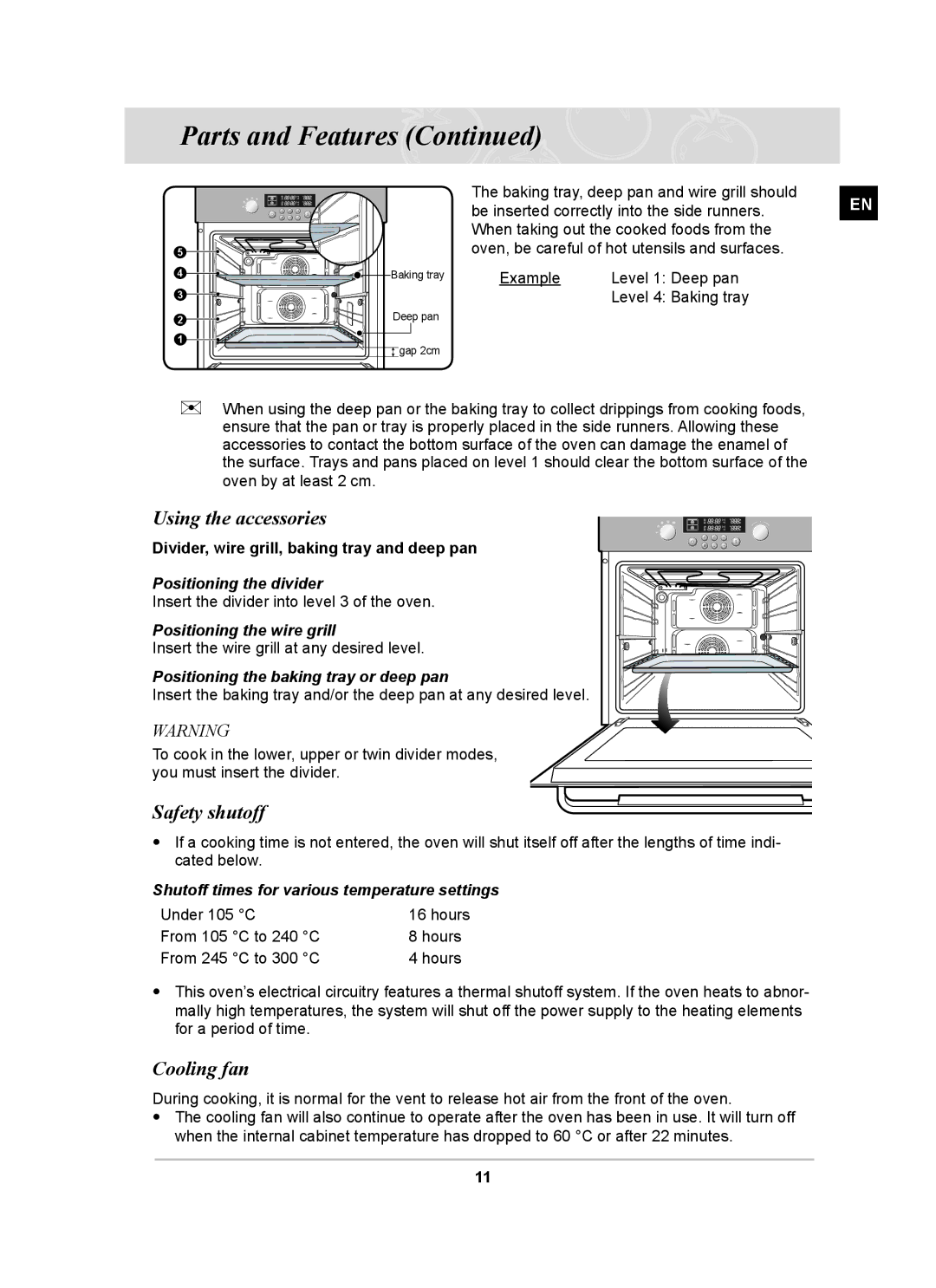 Samsung BT62CDBST/XET manual Using the accessories, Safety shutoff, Cooling fan 