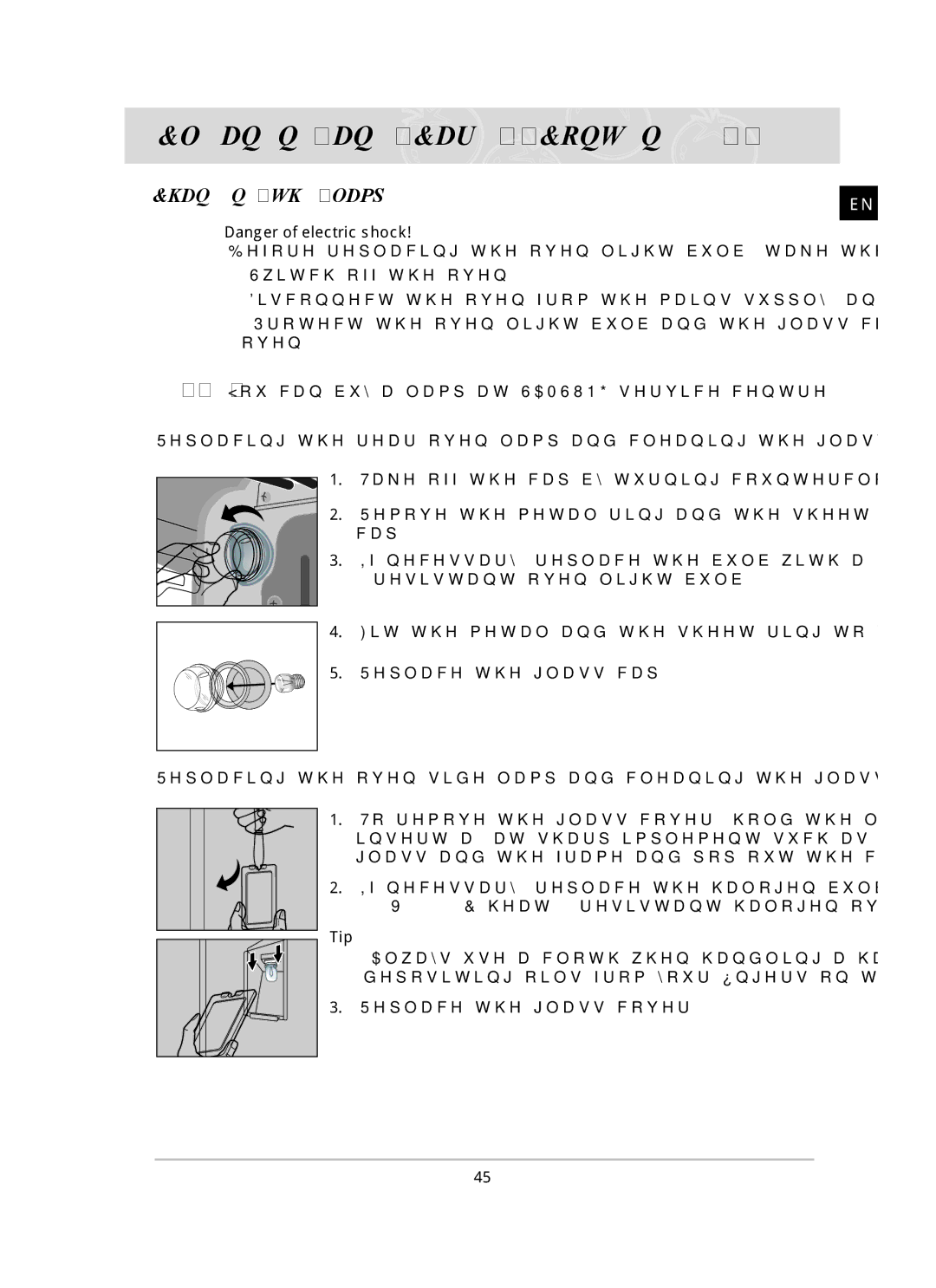 Samsung BT62CDBST/XET manual Changing the lamp,  Danger of electric shock, Tip 