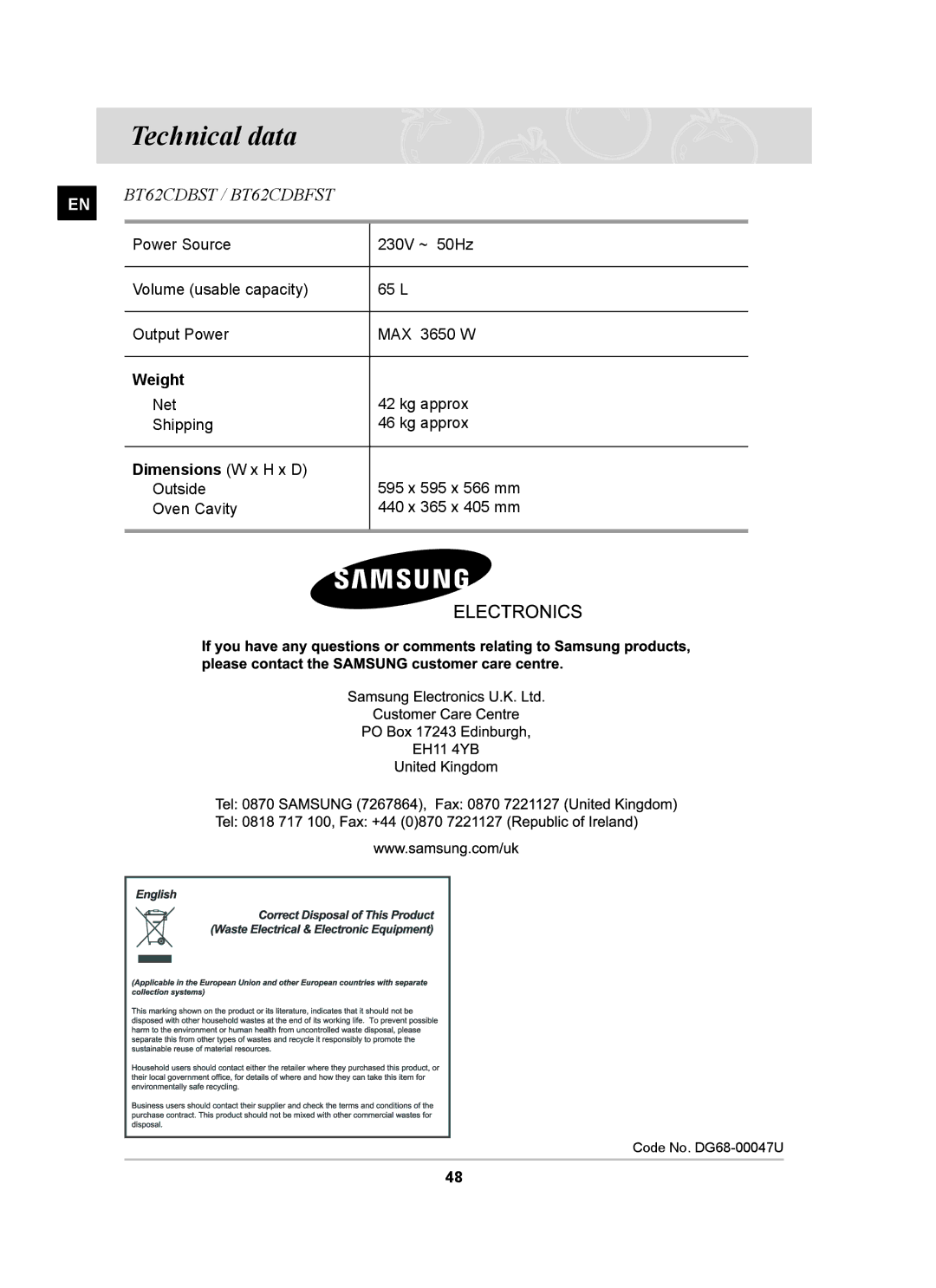 Samsung BT62CDBST/XET manual Technical data, Weight, Dimensions W x H x D 