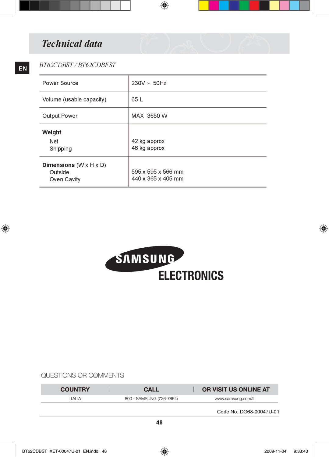 Samsung BT62CDBST/XET manual Technical data, Weight, Dimensions W x H x D 