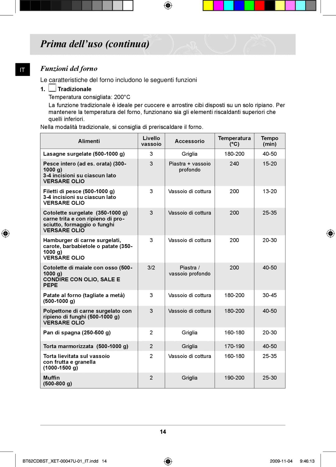 Samsung BT62CDBST/XET manual Funzioni del forno, Tradizionale 