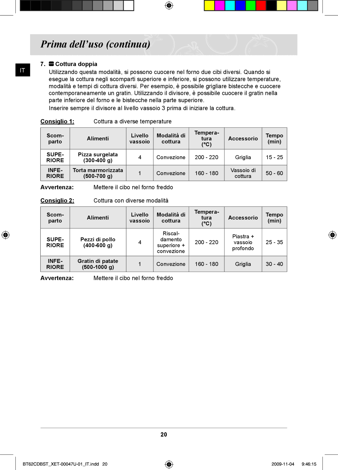 Samsung BT62CDBST/XET manual Avvertenza Mettere il cibo nel forno freddo 