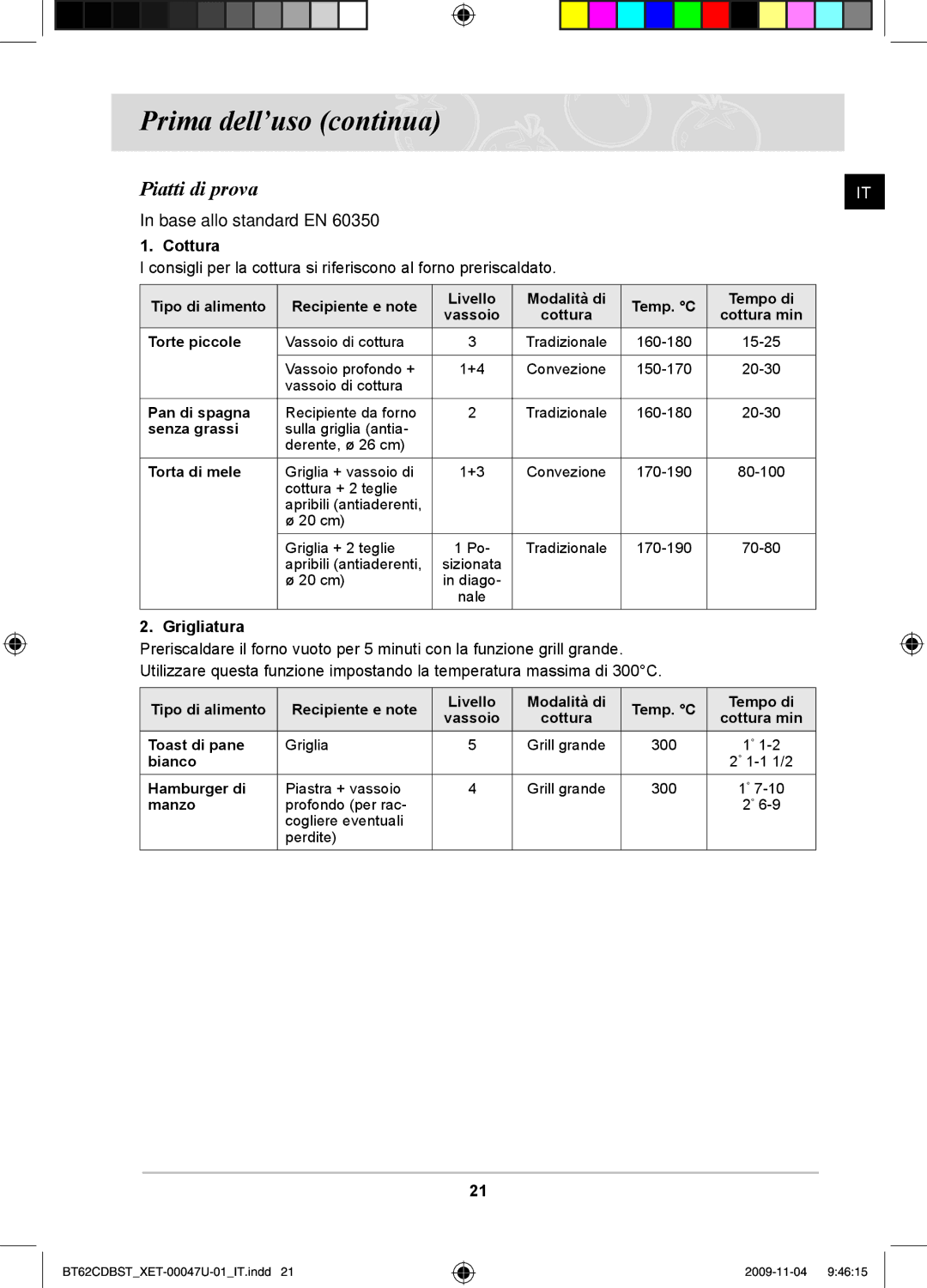 Samsung BT62CDBST/XET manual Piatti di prova, Cottura, Grigliatura 