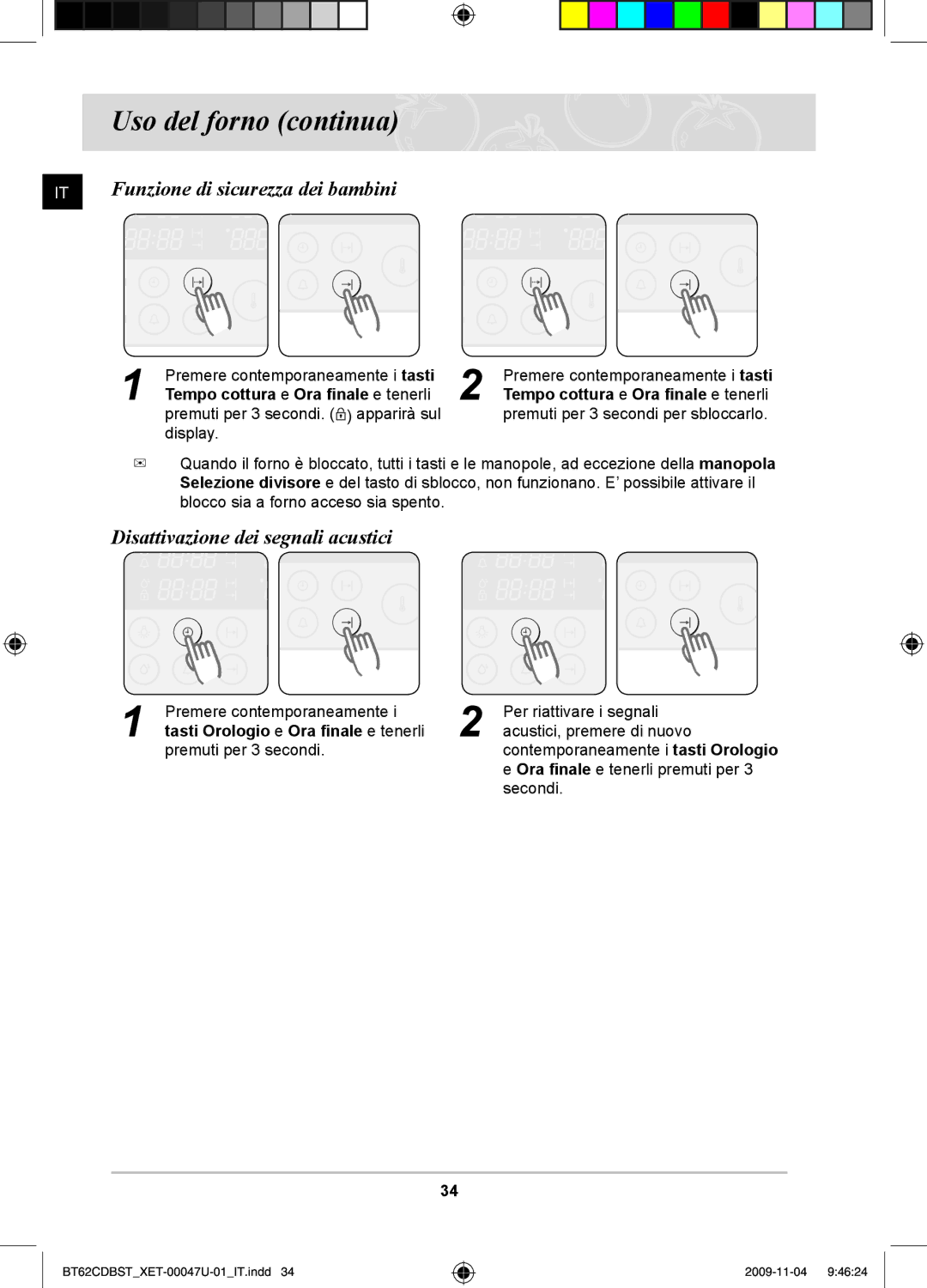 Samsung BT62CDBST/XET manual Funzione di sicurezza dei bambini, Disattivazione dei segnali acustici 