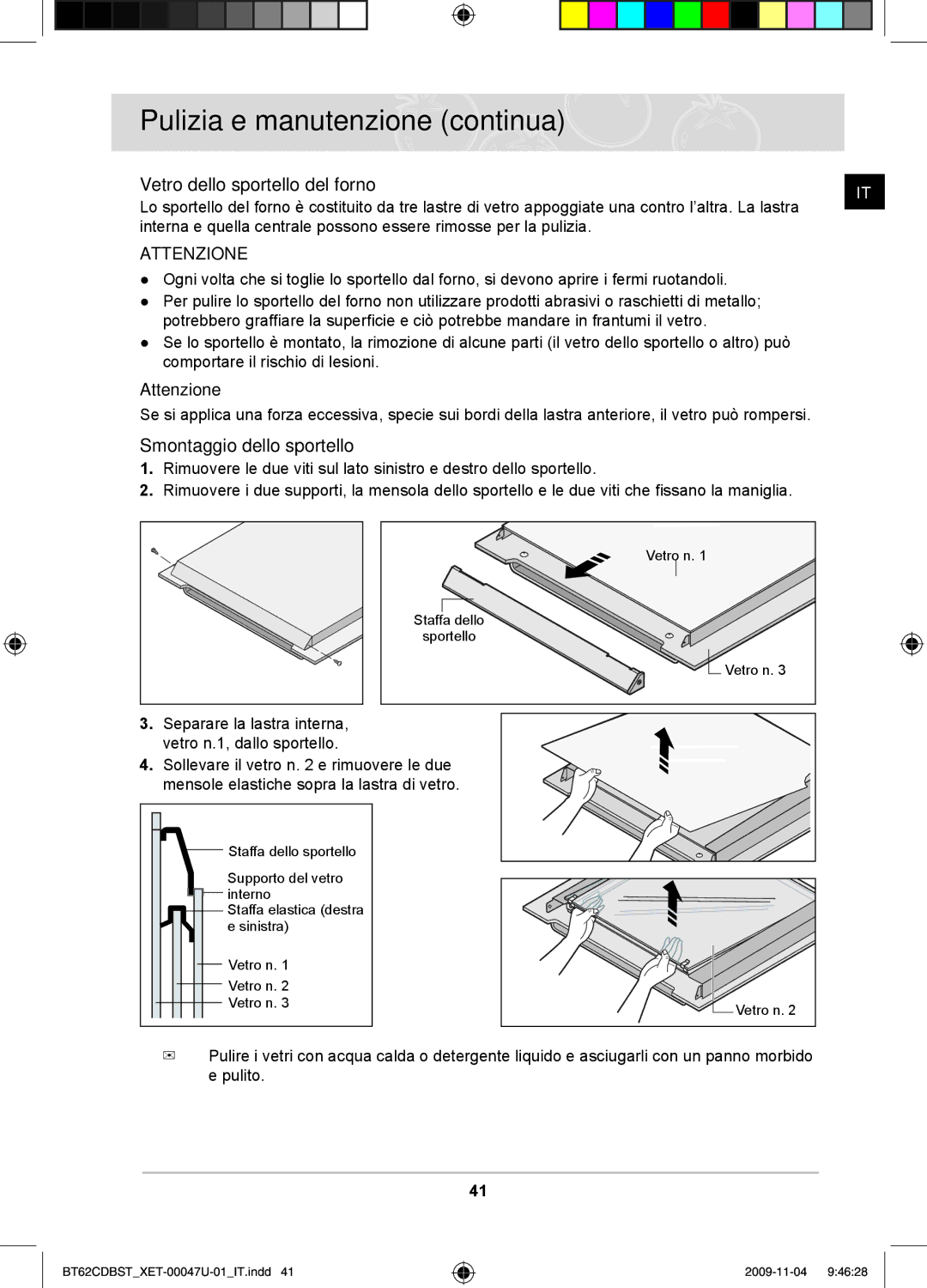 Samsung BT62CDBST/XET manual Vetro dello sportello del forno, Smontaggio dello sportello 