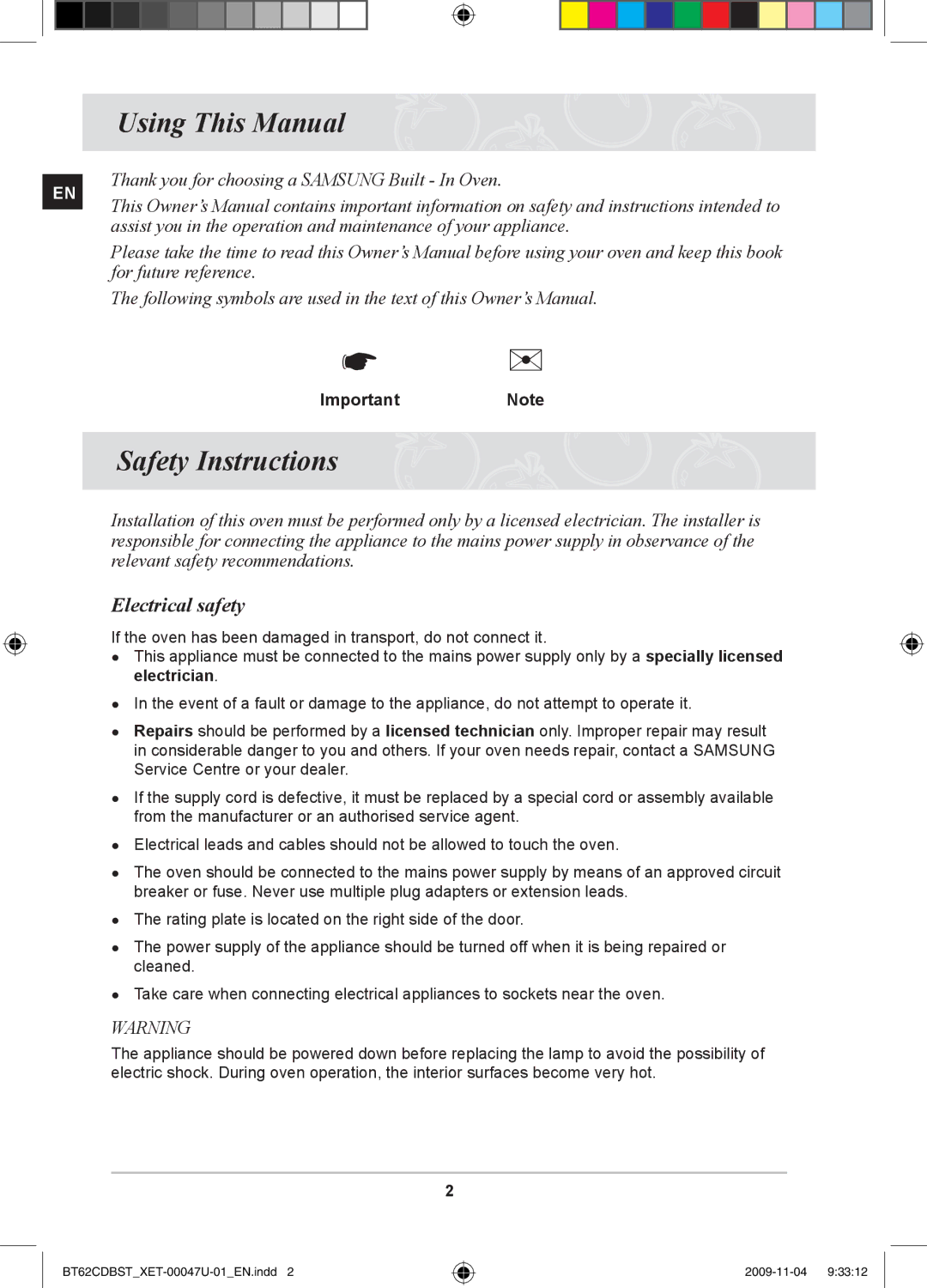 Samsung BT62CDBST/XET manual Using This Manual, Safety Instructions, Electrical safety, ImportantNote 