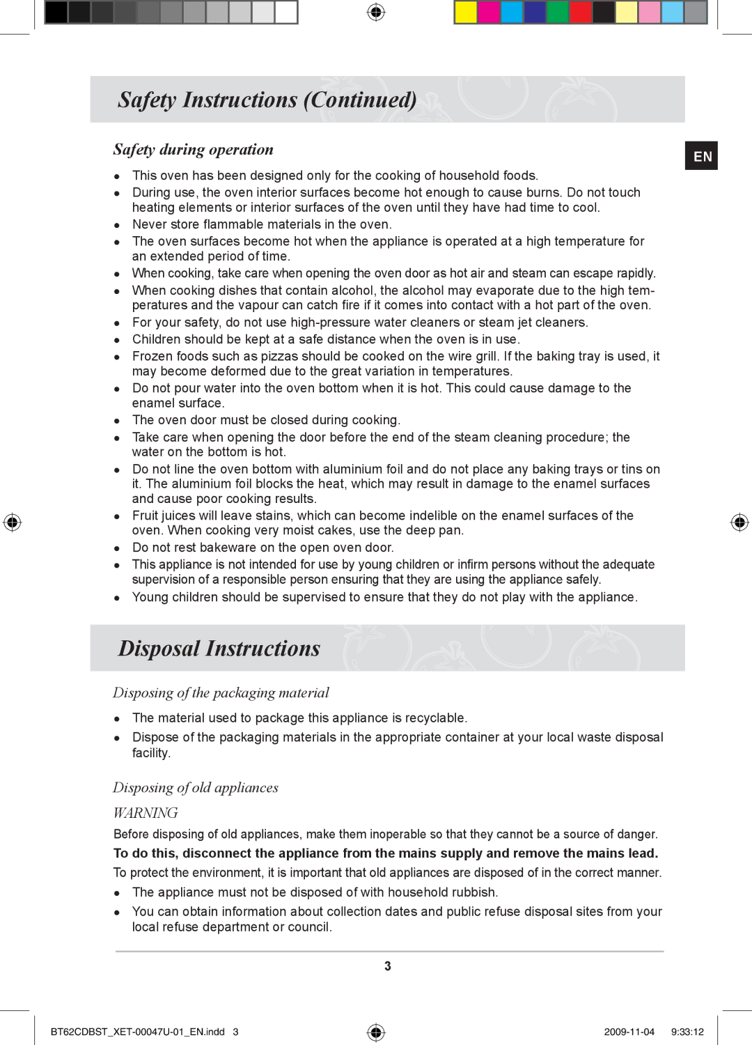 Samsung BT62CDBST/XET manual Disposal Instructions, Safety during operation 