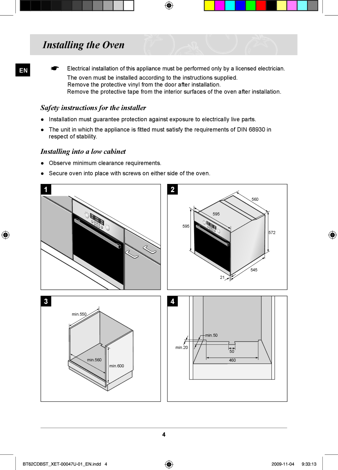 Samsung BT62CDBST/XET manual Installing the Oven, Safety instructions for the installer, Installing into a low cabinet 