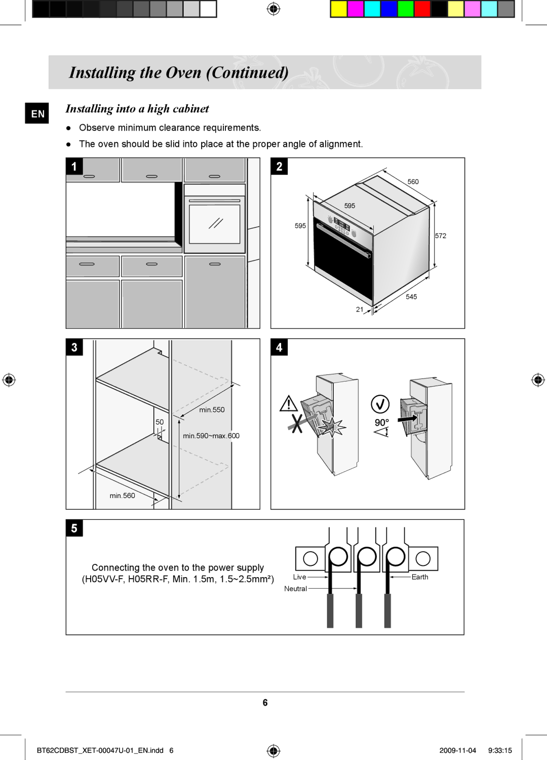 Samsung BT62CDBST/XET manual Installing into a high cabinet, Connecting the oven to the power supply 