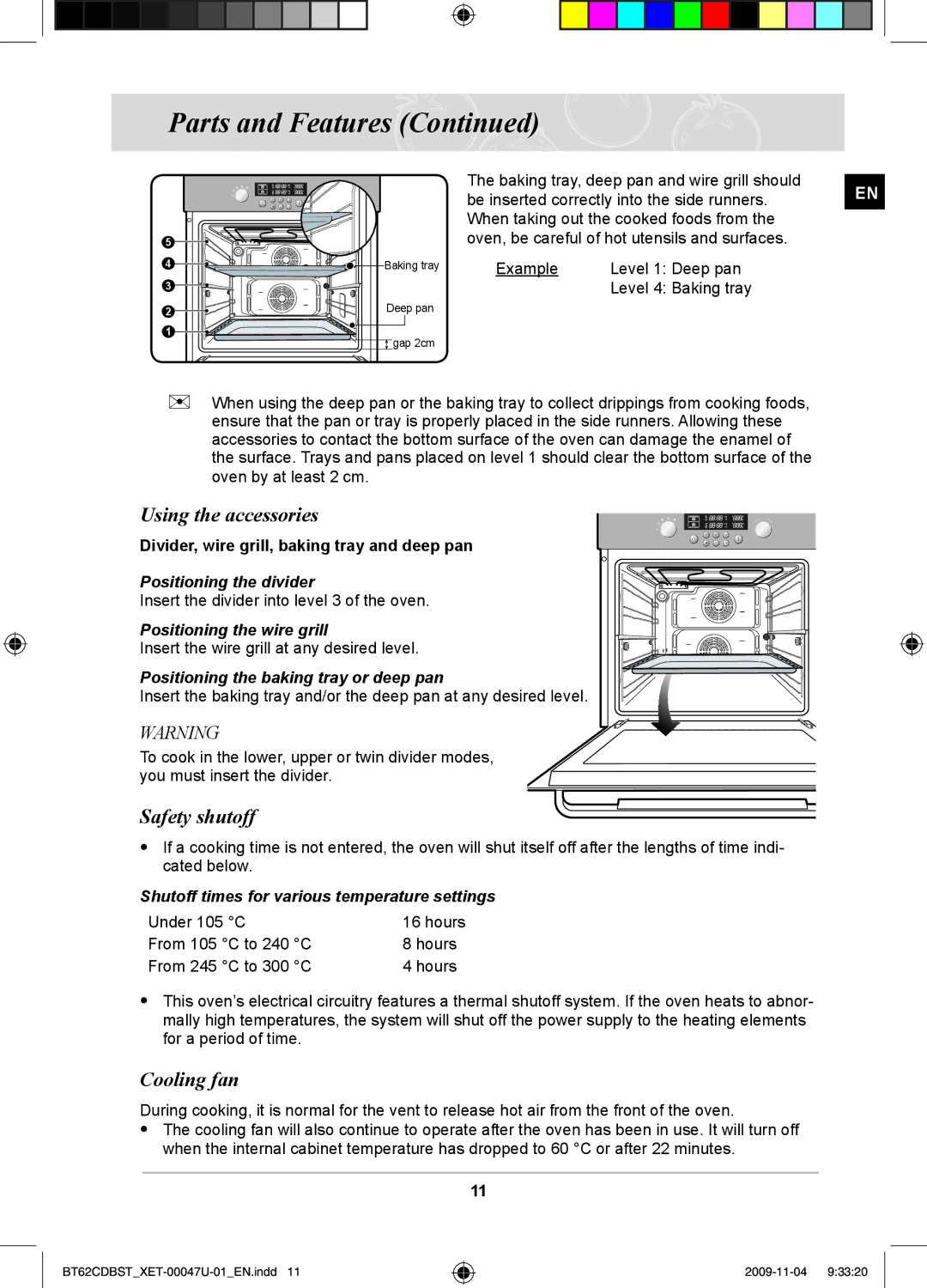 Samsung BT62CDBST/XET manual Using the accessories, Safety shutoff, Cooling fan 