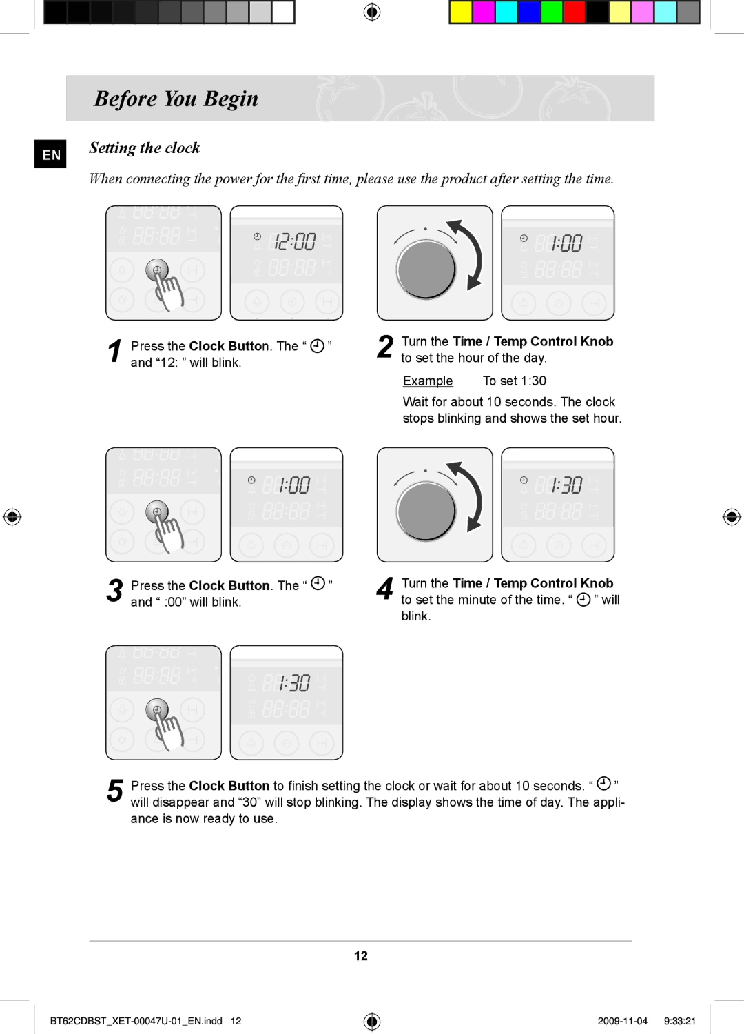 Samsung BT62CDBST/XET manual Before You Begin, Setting the clock 