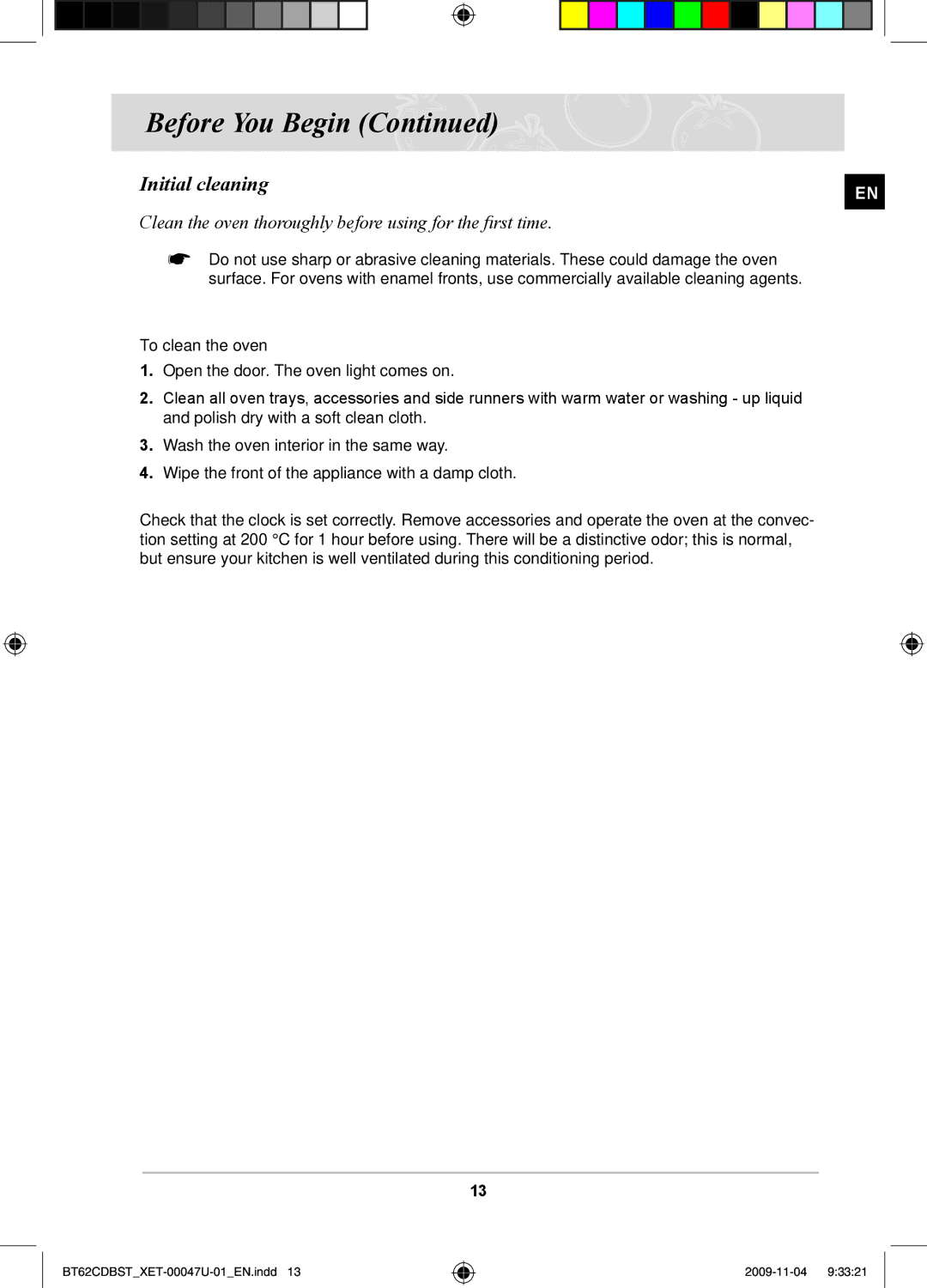 Samsung BT62CDBST/XET manual Initial cleaning, To clean the oven 