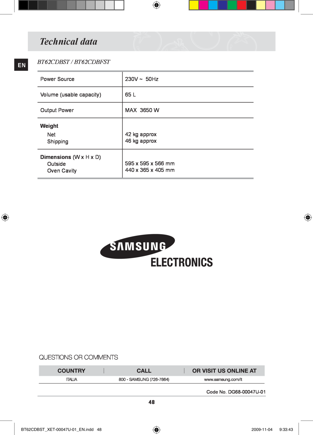 Samsung BT62CDBST/XET manual Technical data, BT62CDBST / BT62CDBFST, Weight, Dimensions W x H x D 