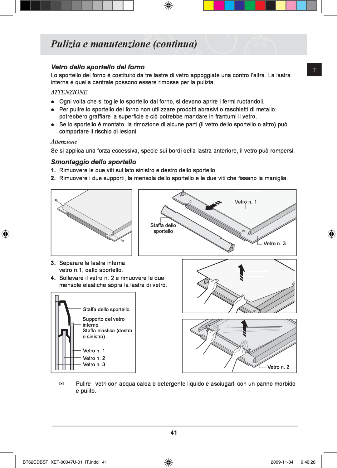 Samsung BT62CDBST/XET manual Vetro dello sportello del forno, Smontaggio dello sportello, Attenzione 