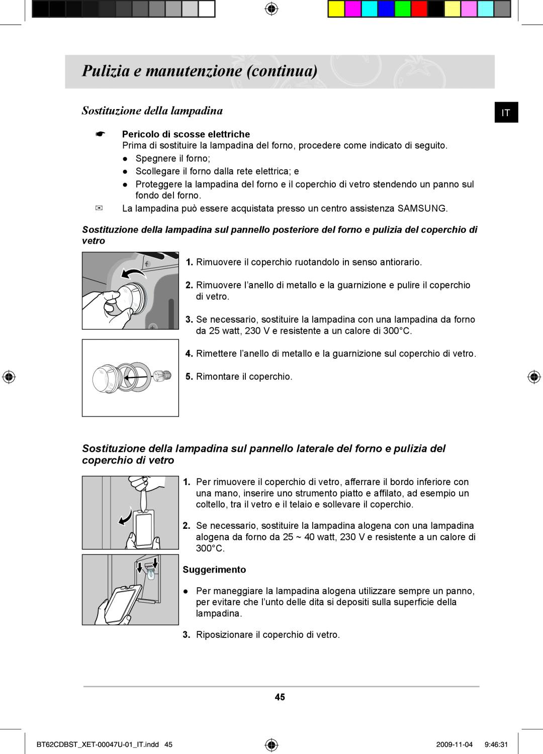 Samsung BT62CDBST/XET manual Sostituzione della lampadina, Pericolo di scosse elettriche, Suggerimento 