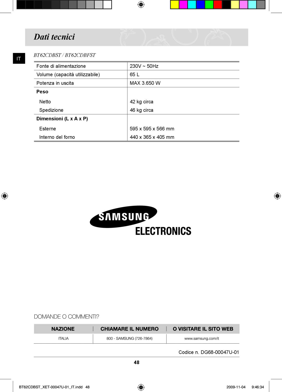 Samsung BT62CDBST/XET manual Dati tecnici, BT62CDBST / BT62CDBFST, Peso, Dimensioni L x A x P 
