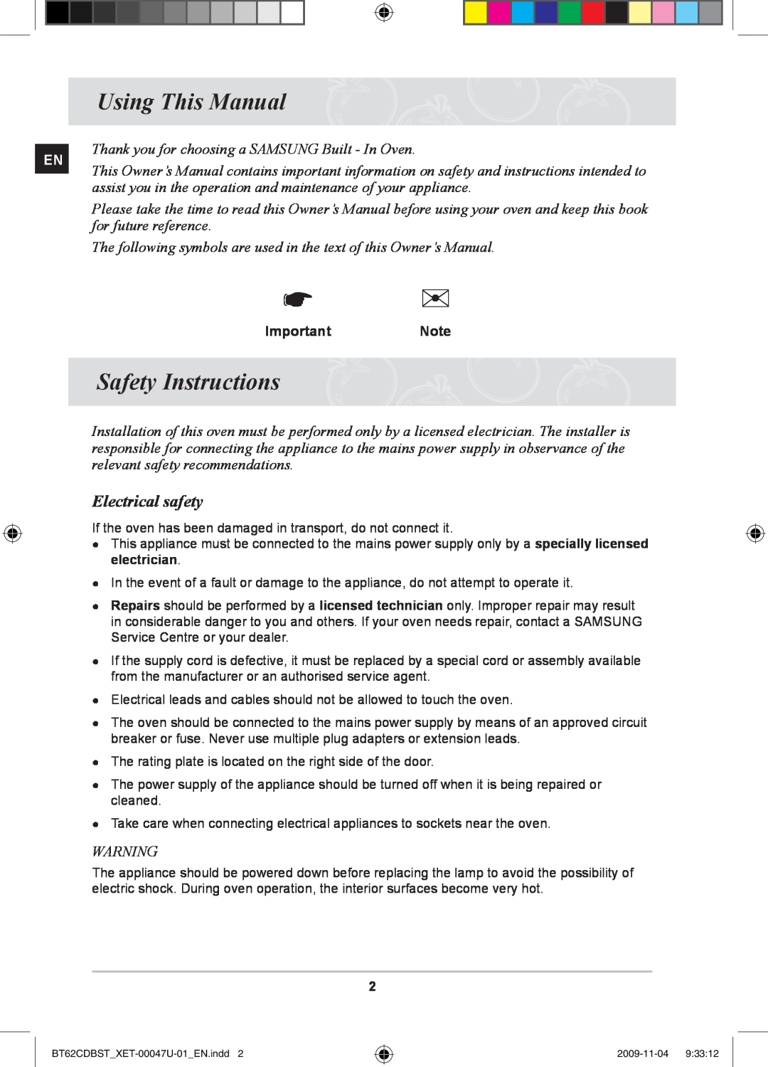Samsung BT62CDBST/XET manual Using This Manual, Safety Instructions, Electrical safety 