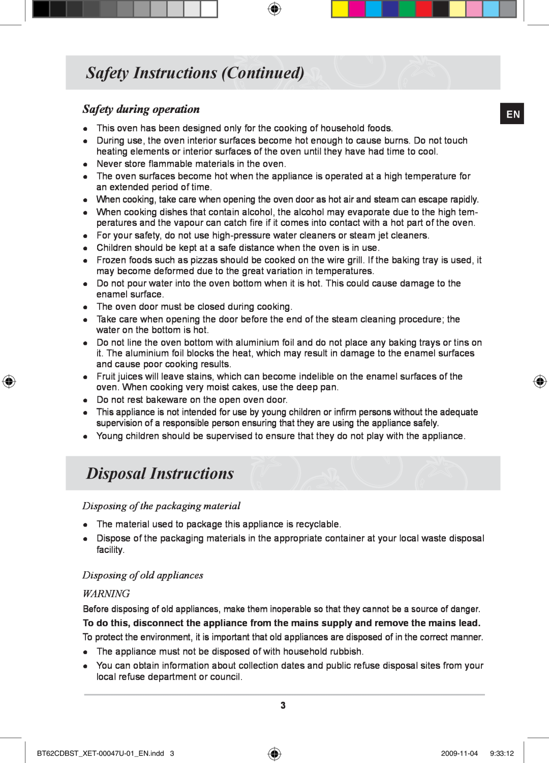 Samsung BT62CDBST/XET manual Safety Instructions Continued, Disposal Instructions, Safety during operation 