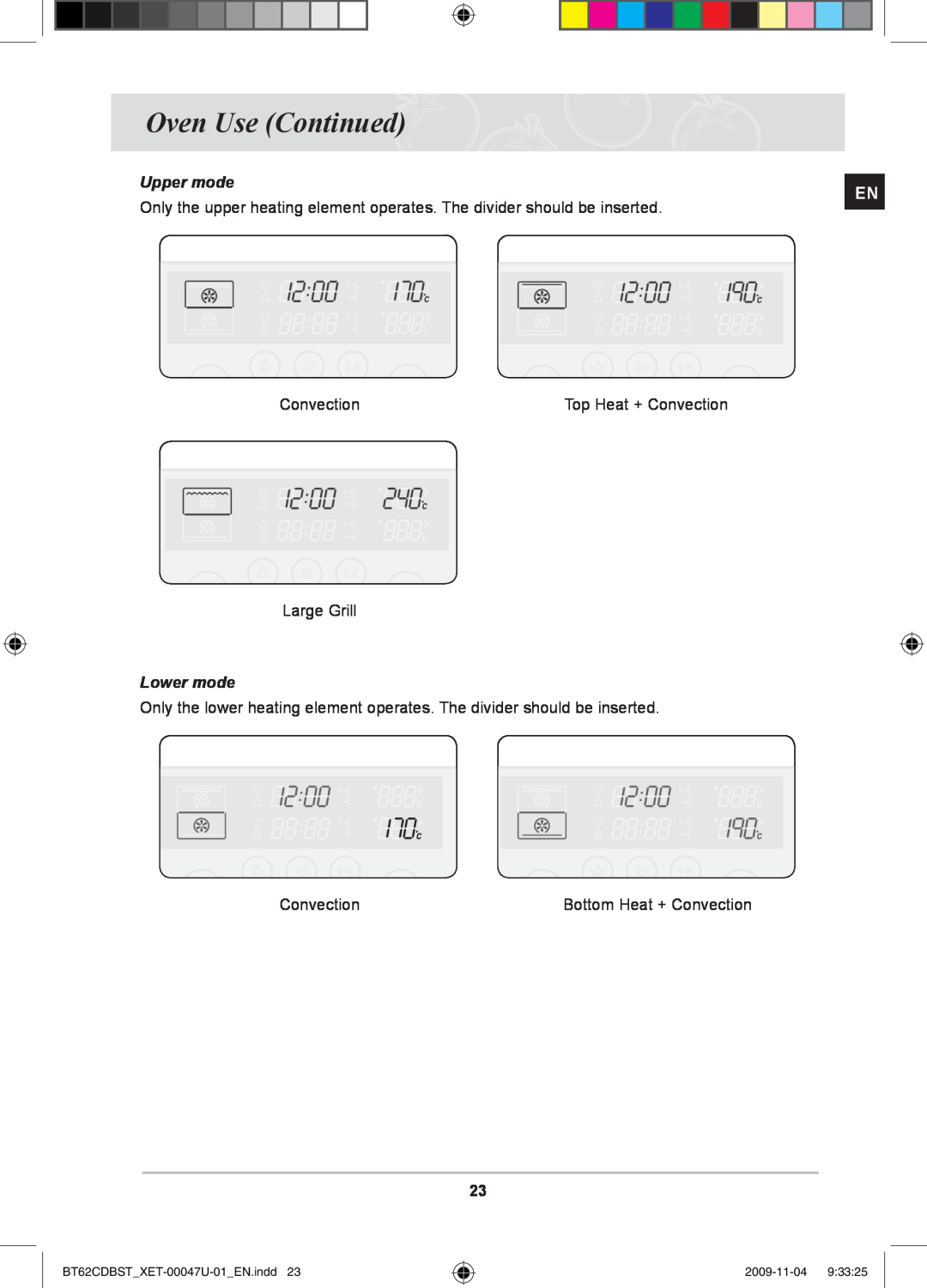 Samsung BT62CDBST/XET manual Oven Use Continued, Upper mode, Lower mode, BT62CDBSTXET-00047U-01EN.indd, 2009-11-04 