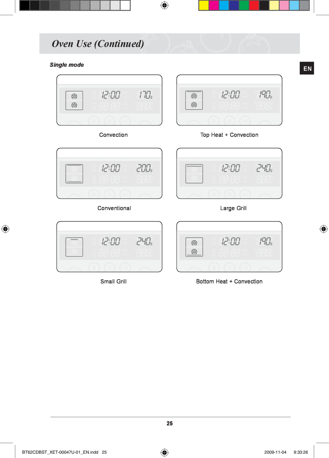 Samsung BT62CDBST/XET manual Single mode, Oven Use Continued, BT62CDBSTXET-00047U-01EN.indd, 2009-11-04 