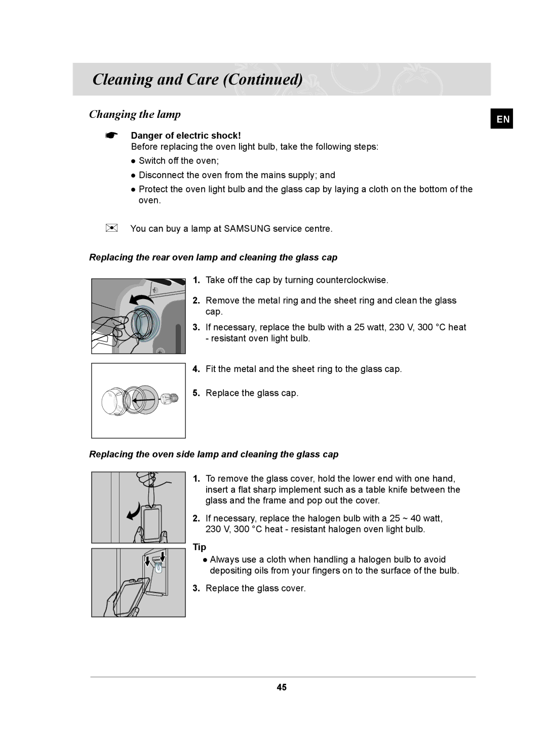 Samsung BT62CDST/GEN, BT62CDST/BOL manual Changing the lamp,  Danger of electric shock, Tip 