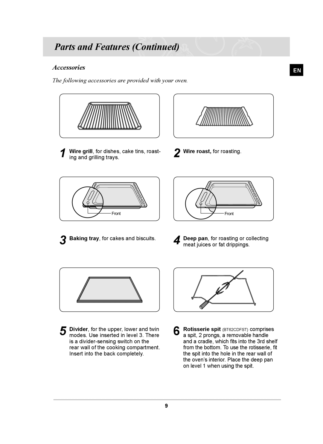 Samsung BT62CDST/BOL manual Accessories, Following accessories are provided with your oven 