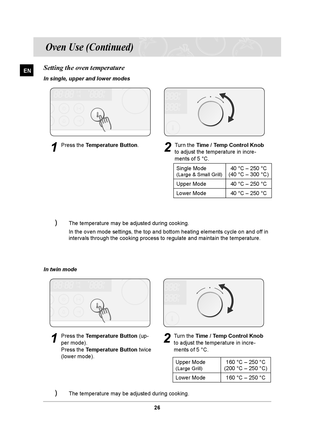 Samsung BT62CDST/BOL manual Setting the oven temperature, Press the Temperature Button twice 